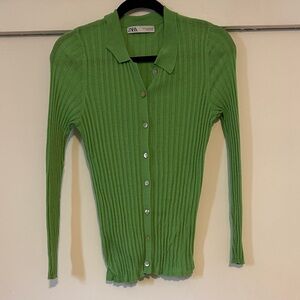 Zara Lime Green Ribbed Button Down Shirt Medium